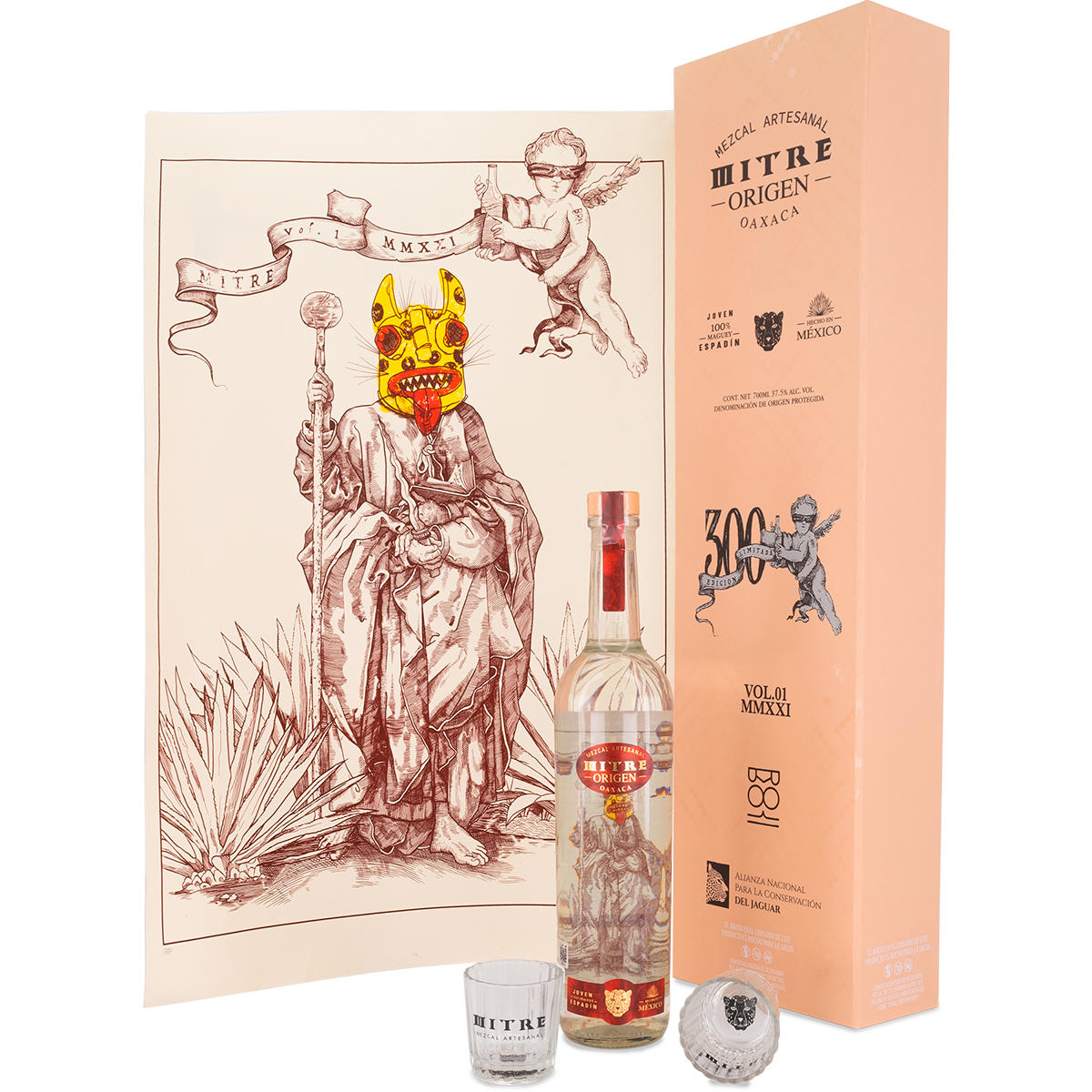 Mezcal Mitre Origen 300 | Edición Especial Mitre Origen + 2 Vasos cruz + 1 Litografía numerada